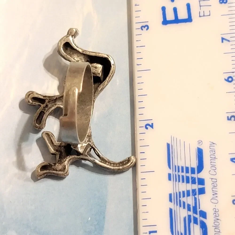 Vintage Dachshund Hound Dog Rhinestone Adjustable Ring, Silver-tone & Glass r-39